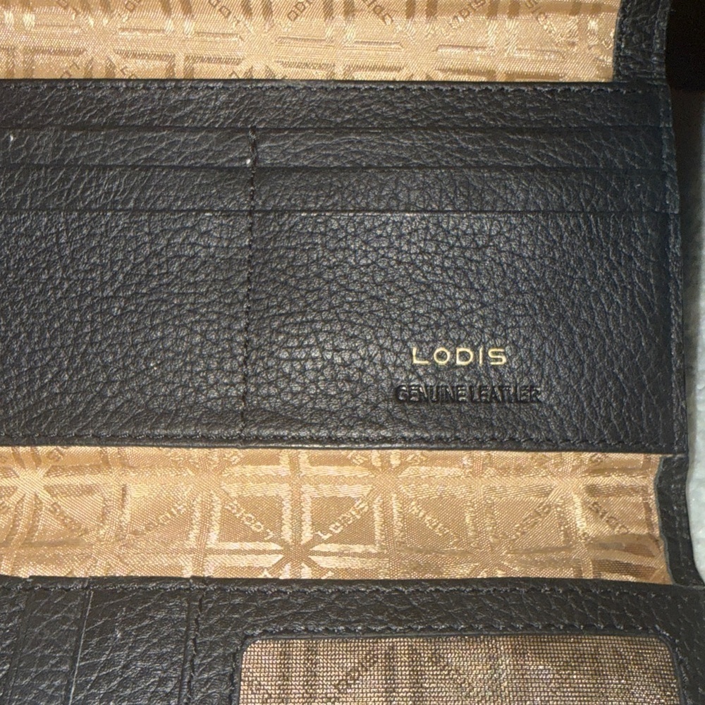 Lodis Corsica Ava trifold wallet black leather  with gold snap 4x7.5 - Picture 4 of 6
